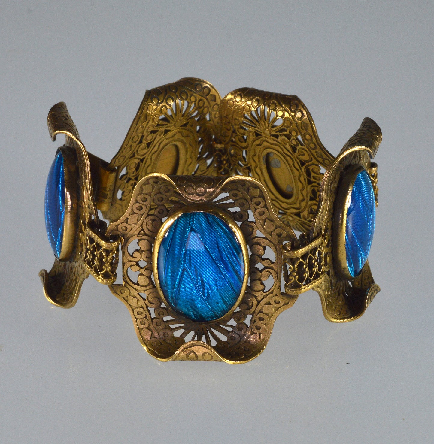 Antique Arts And Crafts Butterfly Wings Filigree Brass Bracelet C.1900