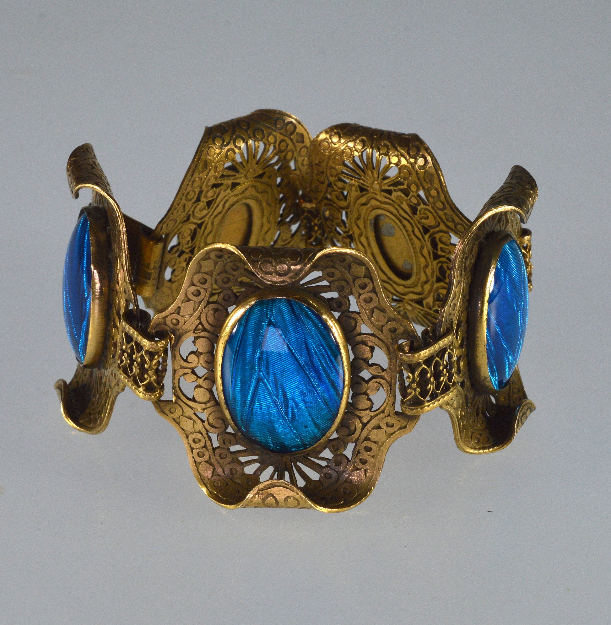 Antique Arts And Crafts Butterfly Wings Filigree Brass Bracelet C.1900