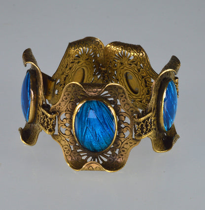 Antique Arts And Crafts Butterfly Wings Filigree Brass Bracelet C.1900