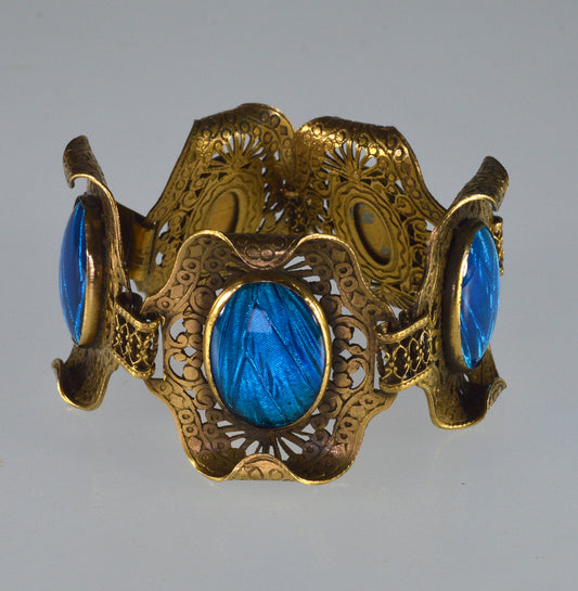 Antique Arts And Crafts Butterfly Wings Filigree Brass Bracelet C.1900