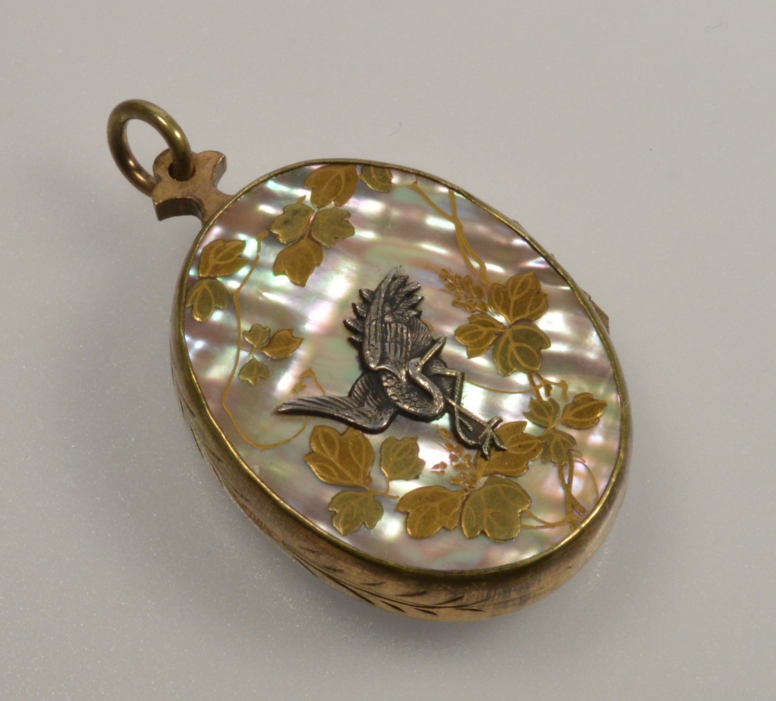 Antique Japanese Shibayama Shakudo Mixed Metal Locket Pendant Crane Rickshaw C.1880