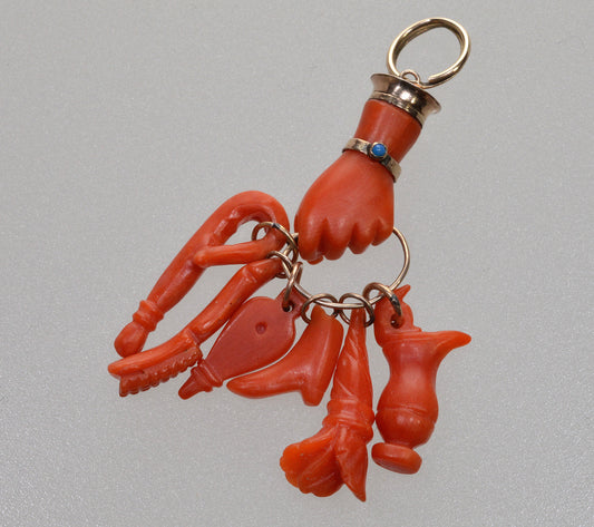 Antique Georgian 9K Gold Coral Hand Fist Charms Pendant C.1820