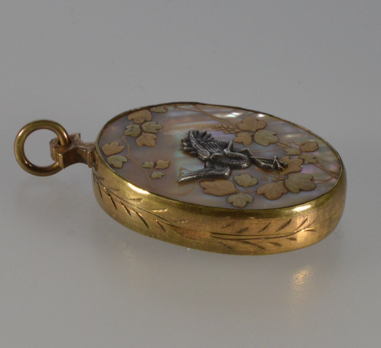 Antique Japanese Shibayama Shakudo Mixed Metal Locket Pendant Crane Rickshaw C.1880