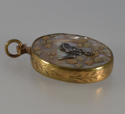 Antique Japanese Shibayama Shakudo Mixed Metal Locket Pendant Crane Rickshaw C.1880