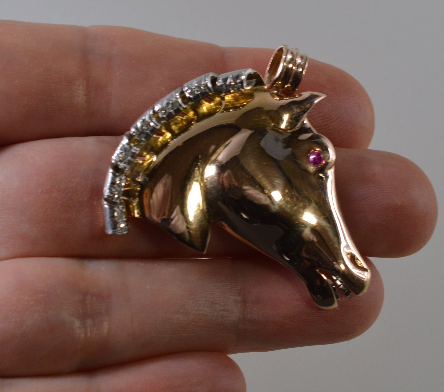 Retro 18K Gold Platinum Diamond Ruby Horse Head Pendant C.1930