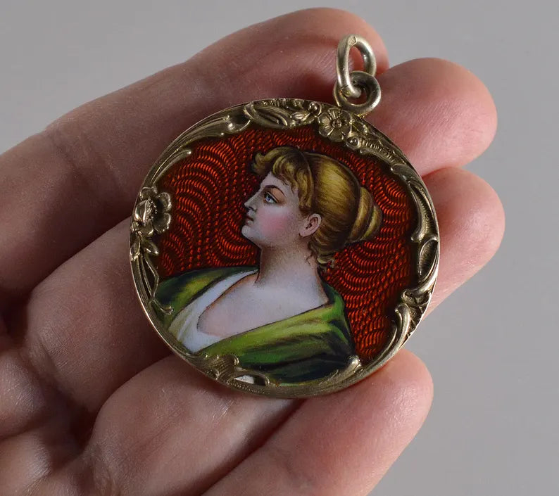 Art Nouveau Swiss Enamel Portrait Pendant Guilloche Sterling C.1900