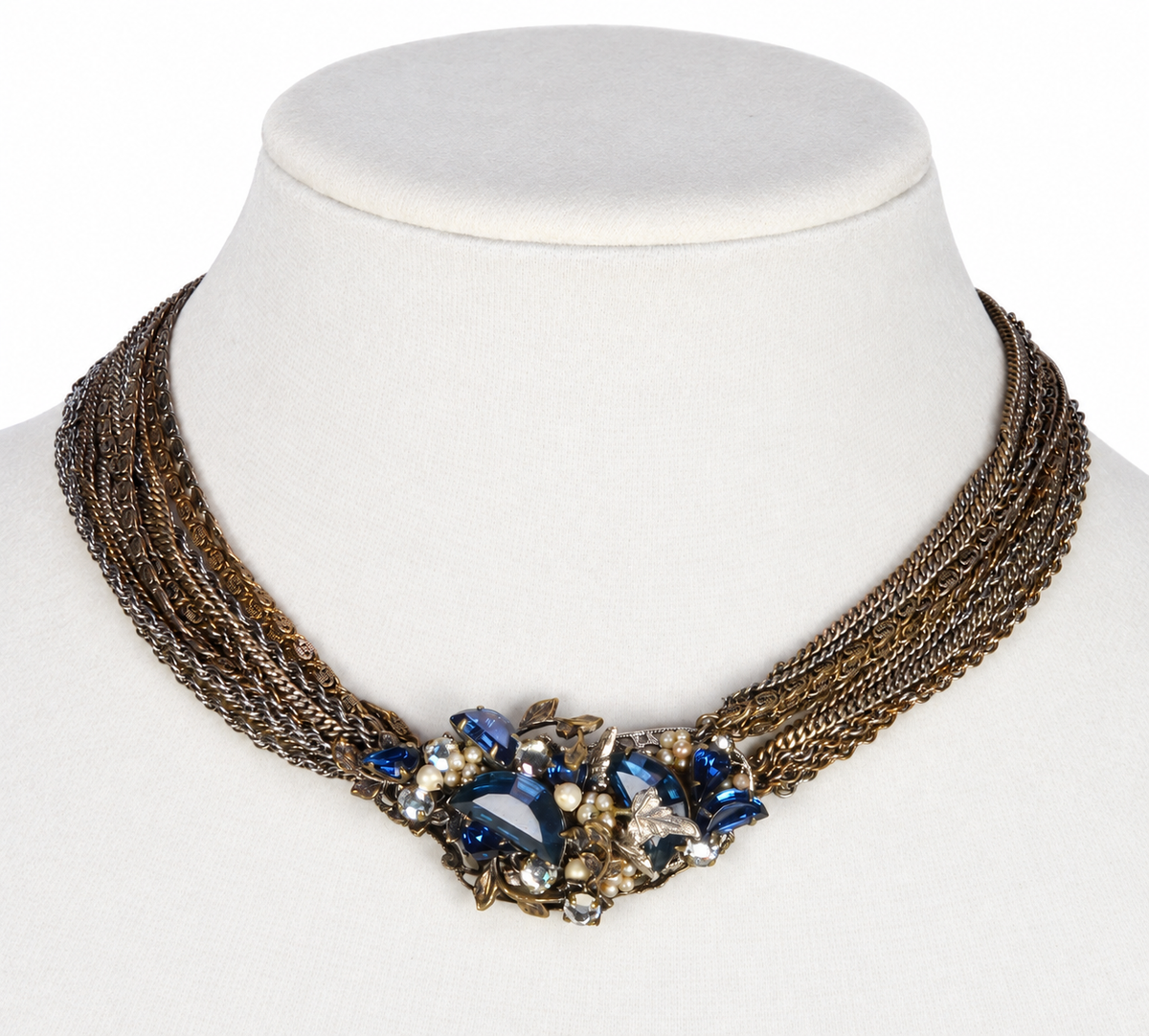 Miriam Haskell By Frank Hess Sapphire Glass Multi Chain Necklace Choker C.1930