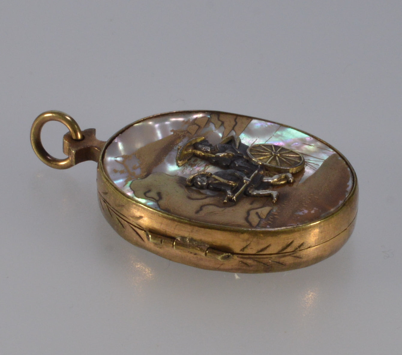 Antique Japanese Shibayama Shakudo Mixed Metal Locket Pendant Crane Rickshaw C.1880