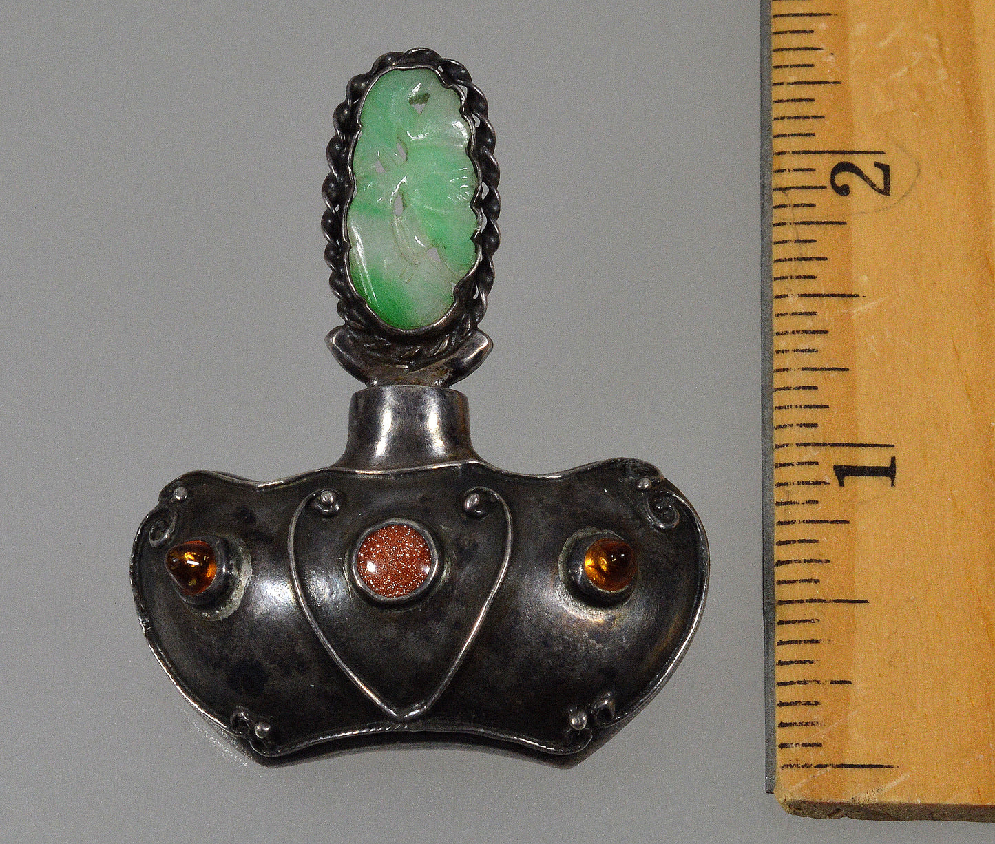 Antique Art Deco Jadeite Jade Sterling Perfume Bottle Brooch Pin C.1920