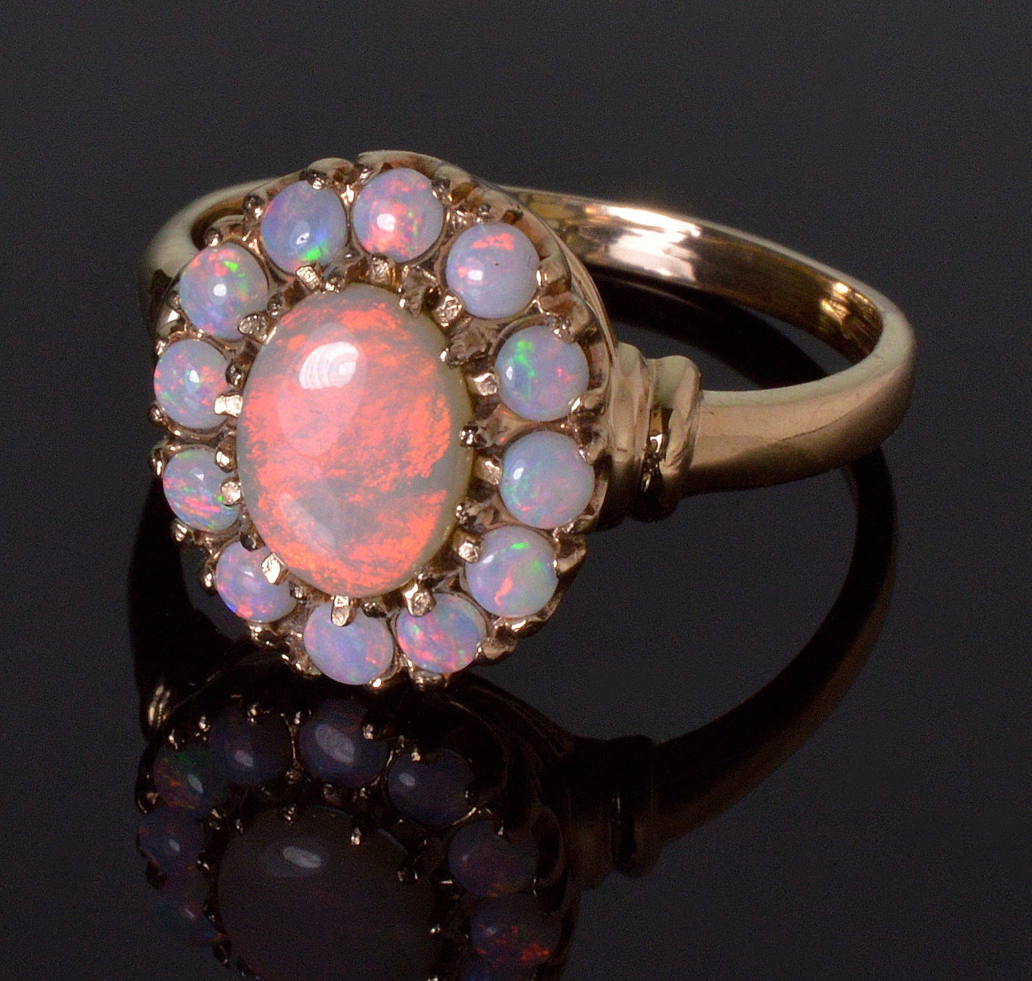 Australian Fiery Red Opal 10K Gold Ring C.1950 Size 8 3/4