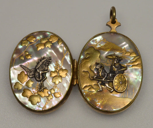 Antique Japanese Shibayama Shakudo Mixed Metal Locket Pendant Crane Rickshaw C.1880
