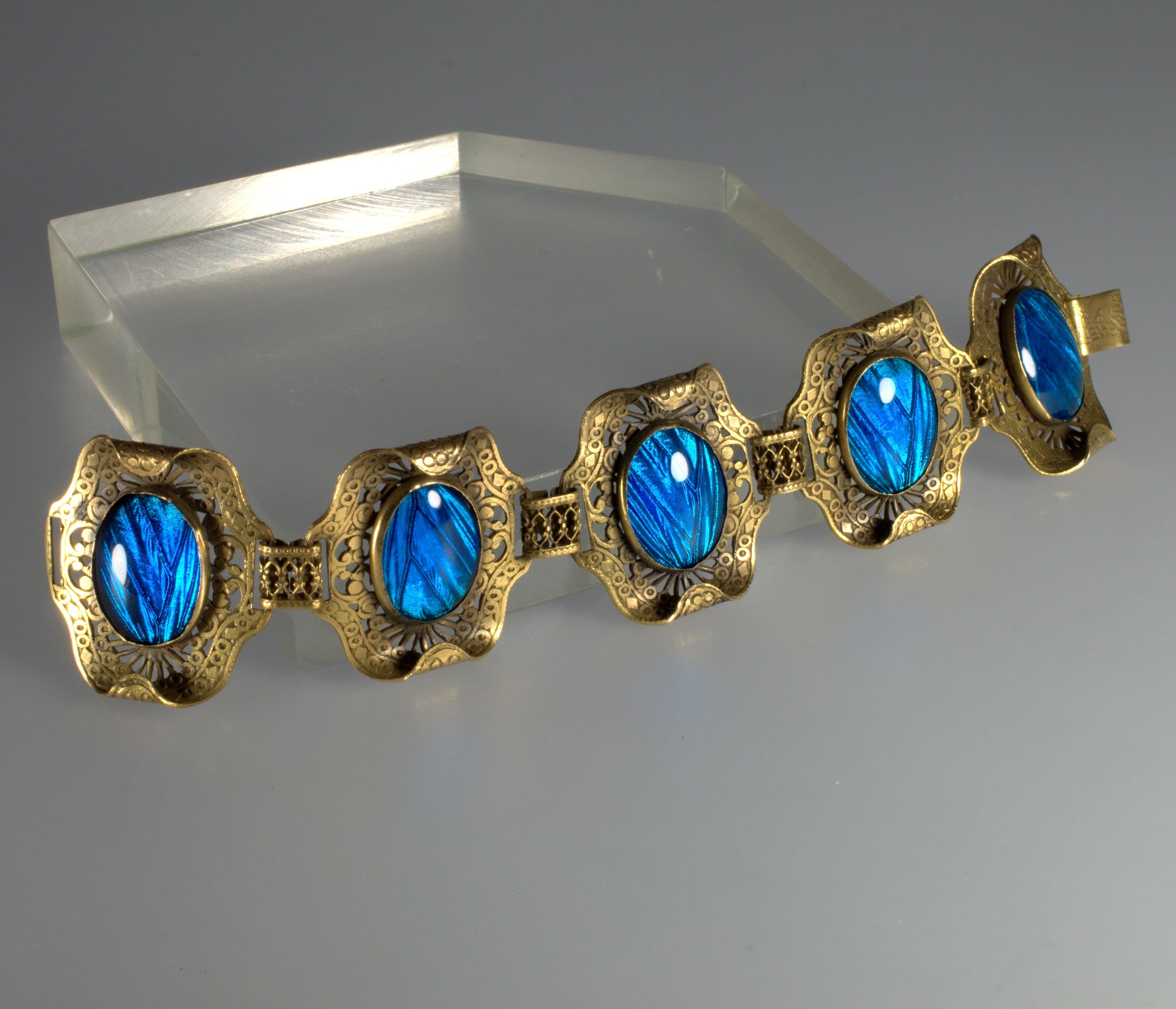 Antique Arts And Crafts Butterfly Wings Filigree Brass Bracelet C.1900
