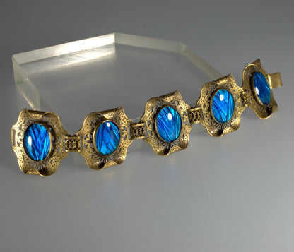 Antique Arts And Crafts Butterfly Wings Filigree Brass Bracelet C.1900