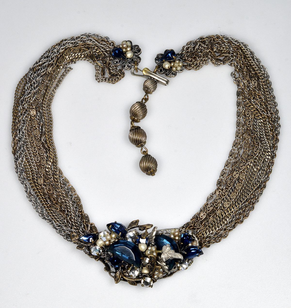 Miriam Haskell By Frank Hess Sapphire Glass Multi Chain Necklace Choker C.1930