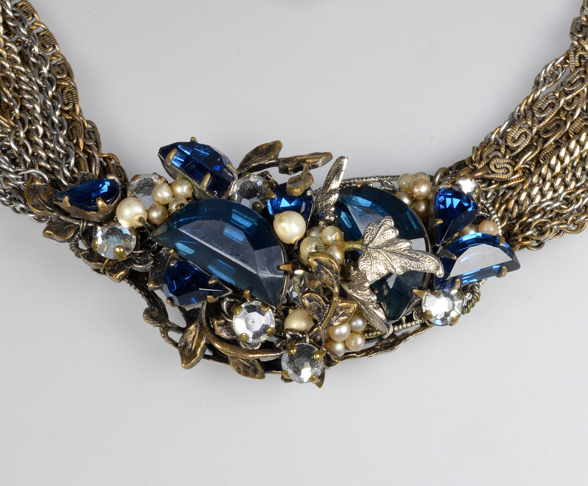 Miriam Haskell By Frank Hess Sapphire Glass Multi Chain Necklace Choker C.1930