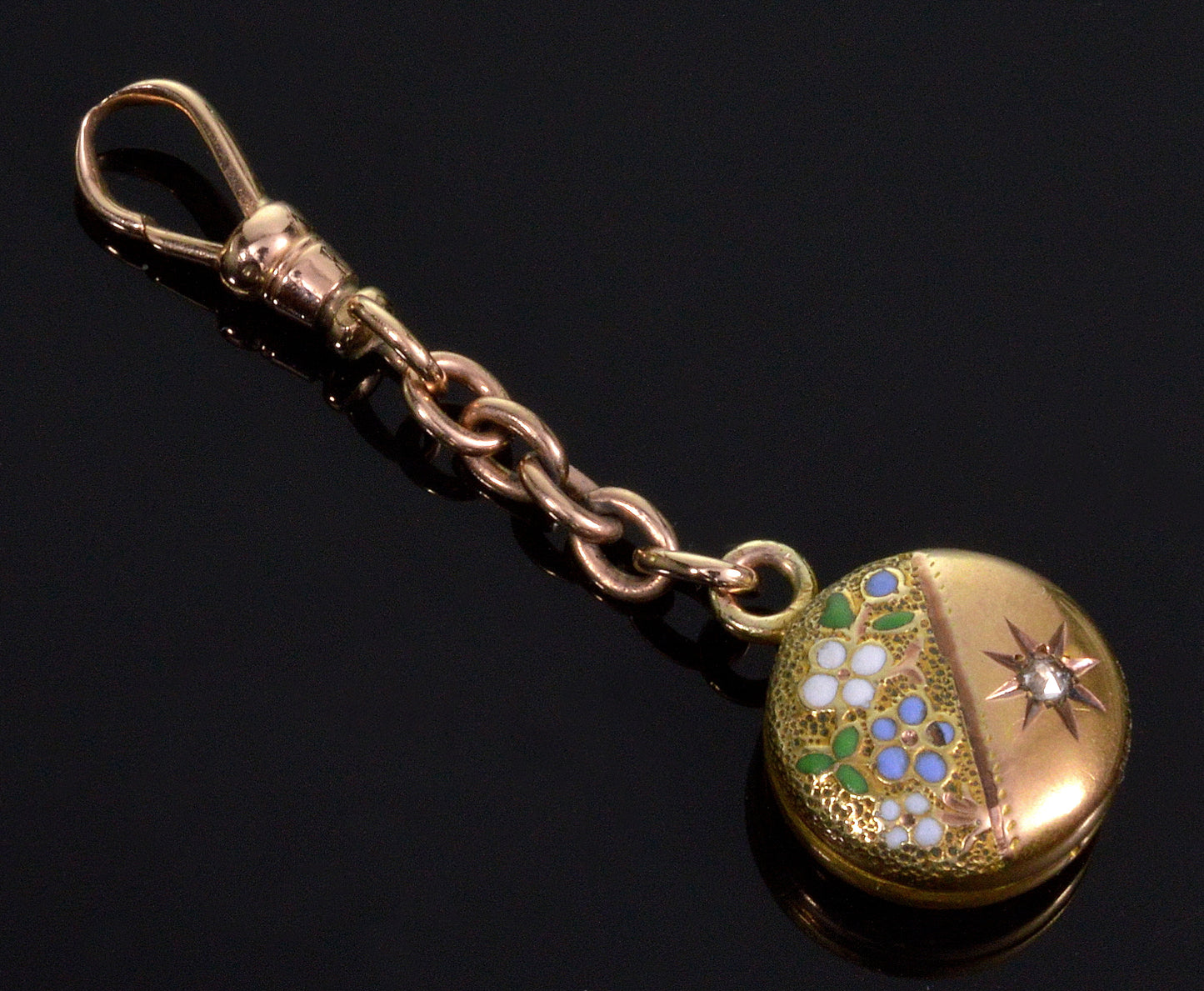 Antique Victorian 14K Gold Diamond Enamel Fob Pendant C.1890