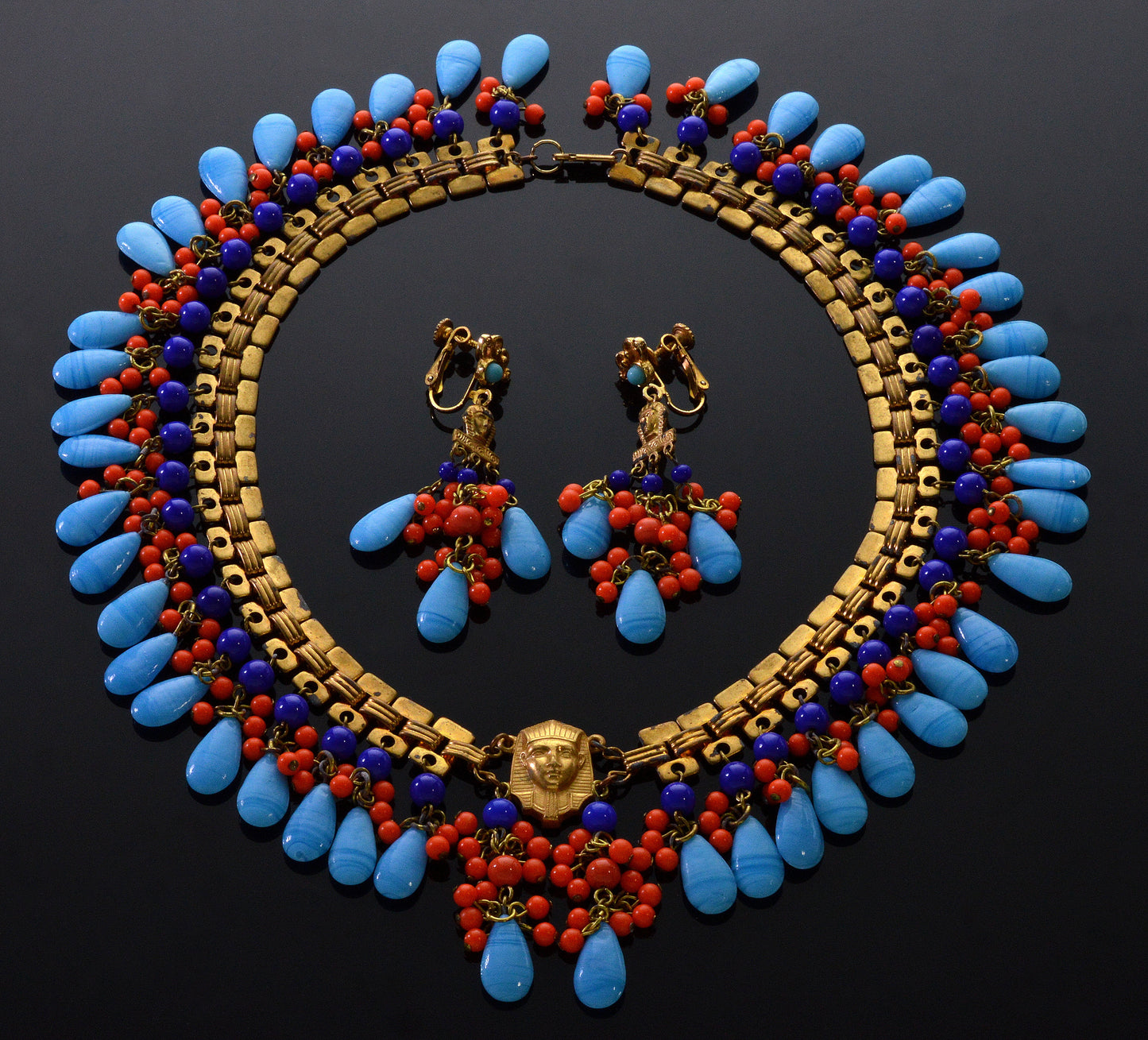 Miriam Haskell by Larry Vrba Egyptian Revival Necklace Earrings C.1970