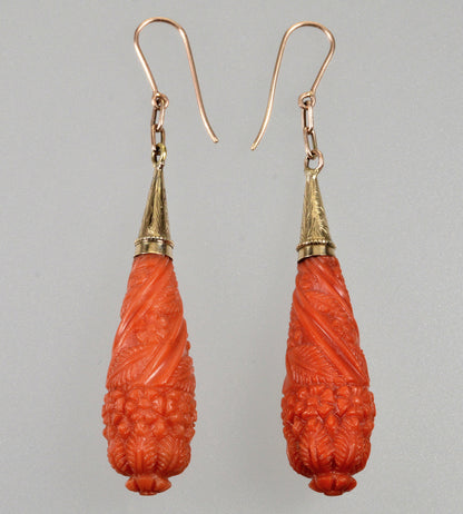 Antique Georgian 14K Gold Salmon Coral Dangle Earrings C.1820