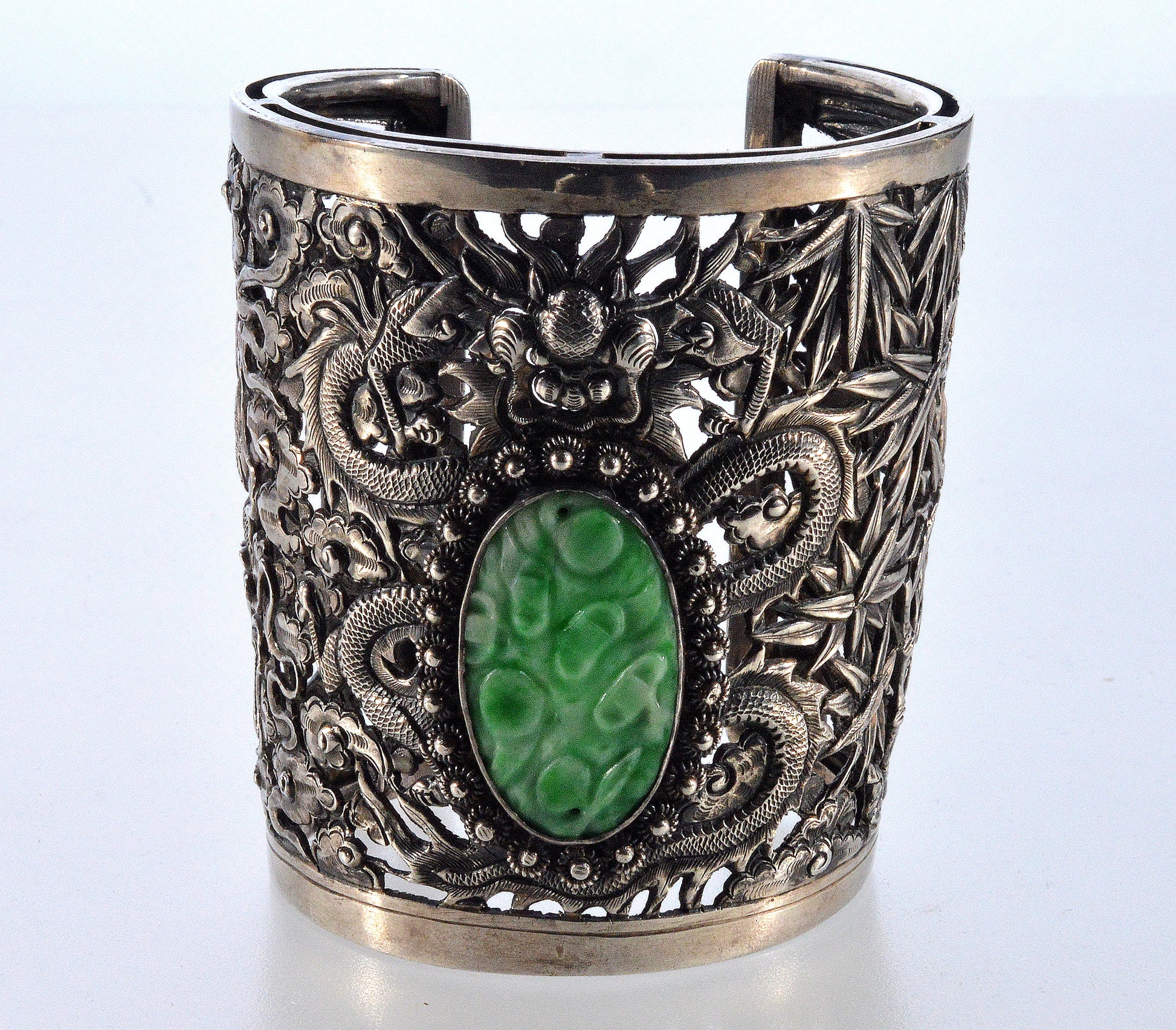 Antique Chinese Jadeite Jade Sterling Dragon Wedding Cuff Bracelet C.1890