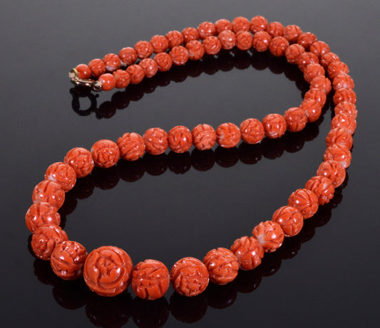 Antique Art Deco Carved Red Momo Coral Bead Necklace C.1920
