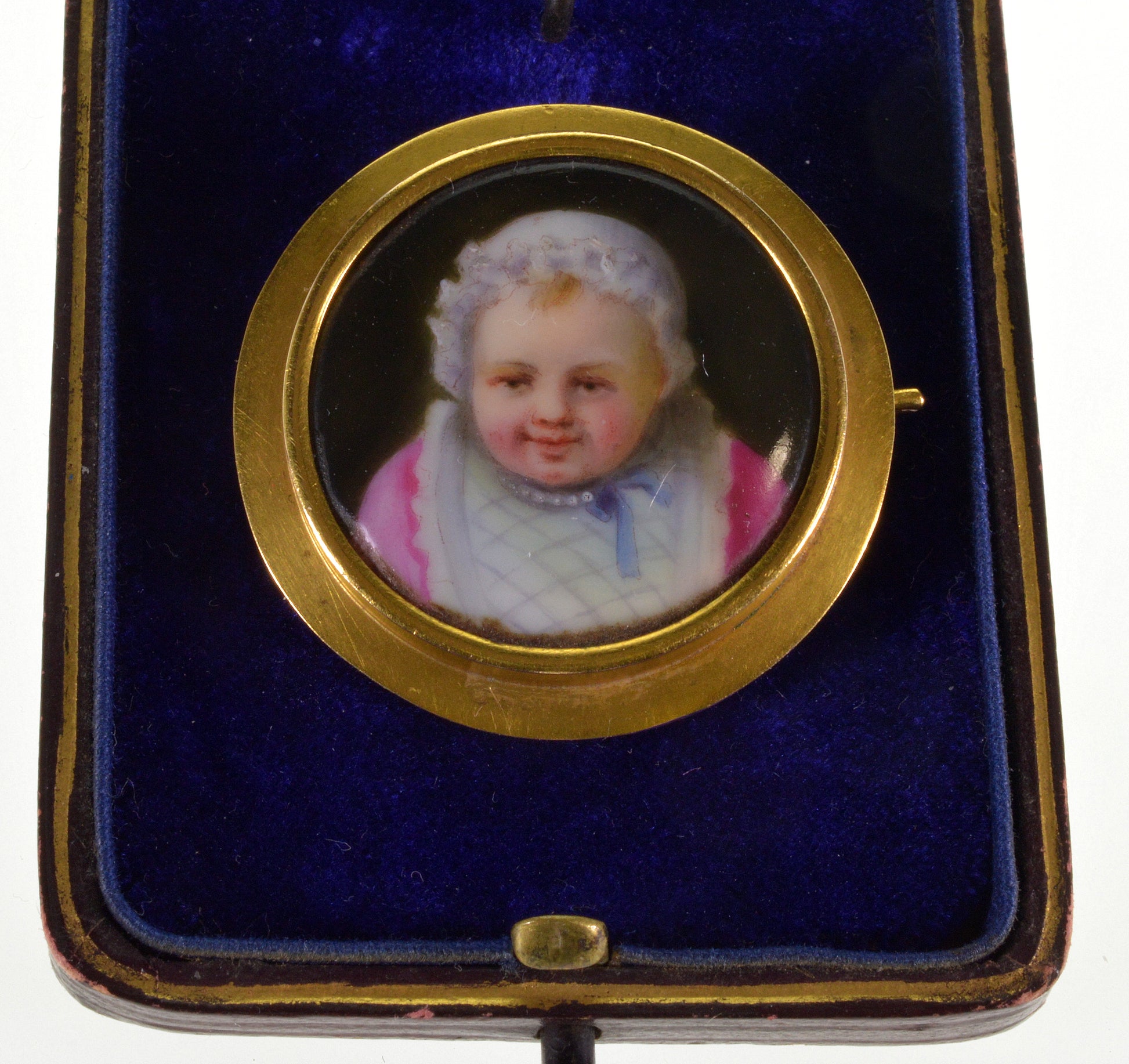 Antique Victorian 18K Baby Portrait Brooch Pin Porcelain Enamel Miniature C.1860