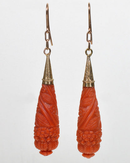 Antique Georgian 14K Gold Salmon Coral Dangle Earrings C.1820