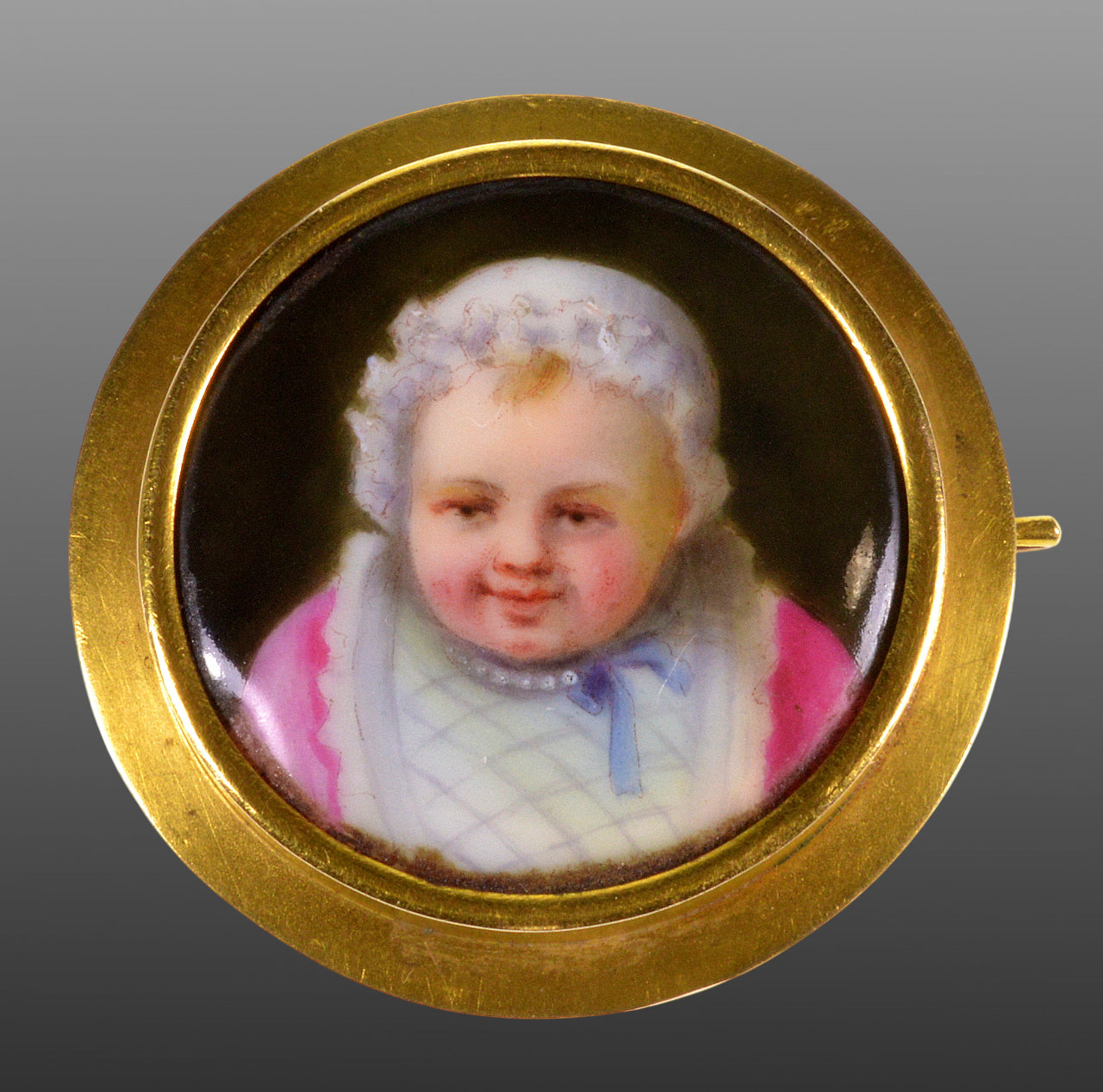 Antique Victorian 18K Baby Portrait Brooch Pin Porcelain Enamel Miniature C.1860