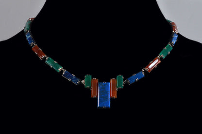 Antique Art Deco Germany Chrysoprase Carnelian Sodalite Sterling Necklace C.1920