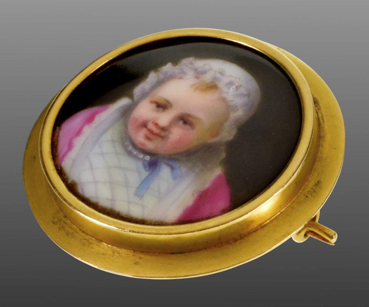 Antique Victorian 18K Baby Portrait Brooch Pin Porcelain Enamel Miniature C.1860