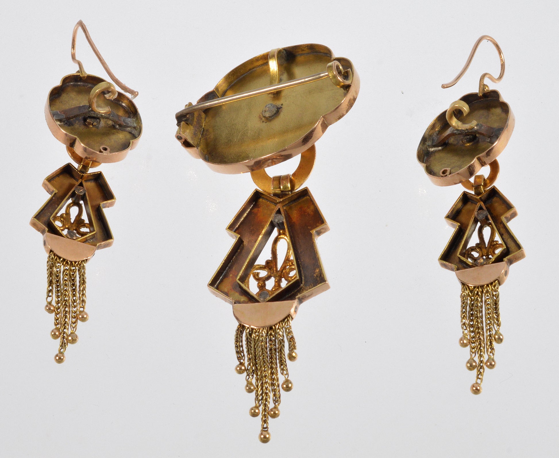 Antique Victorian 10K Gold Fox Tail Tassel Enamel Earrings Pendant Set Original Box C.1860