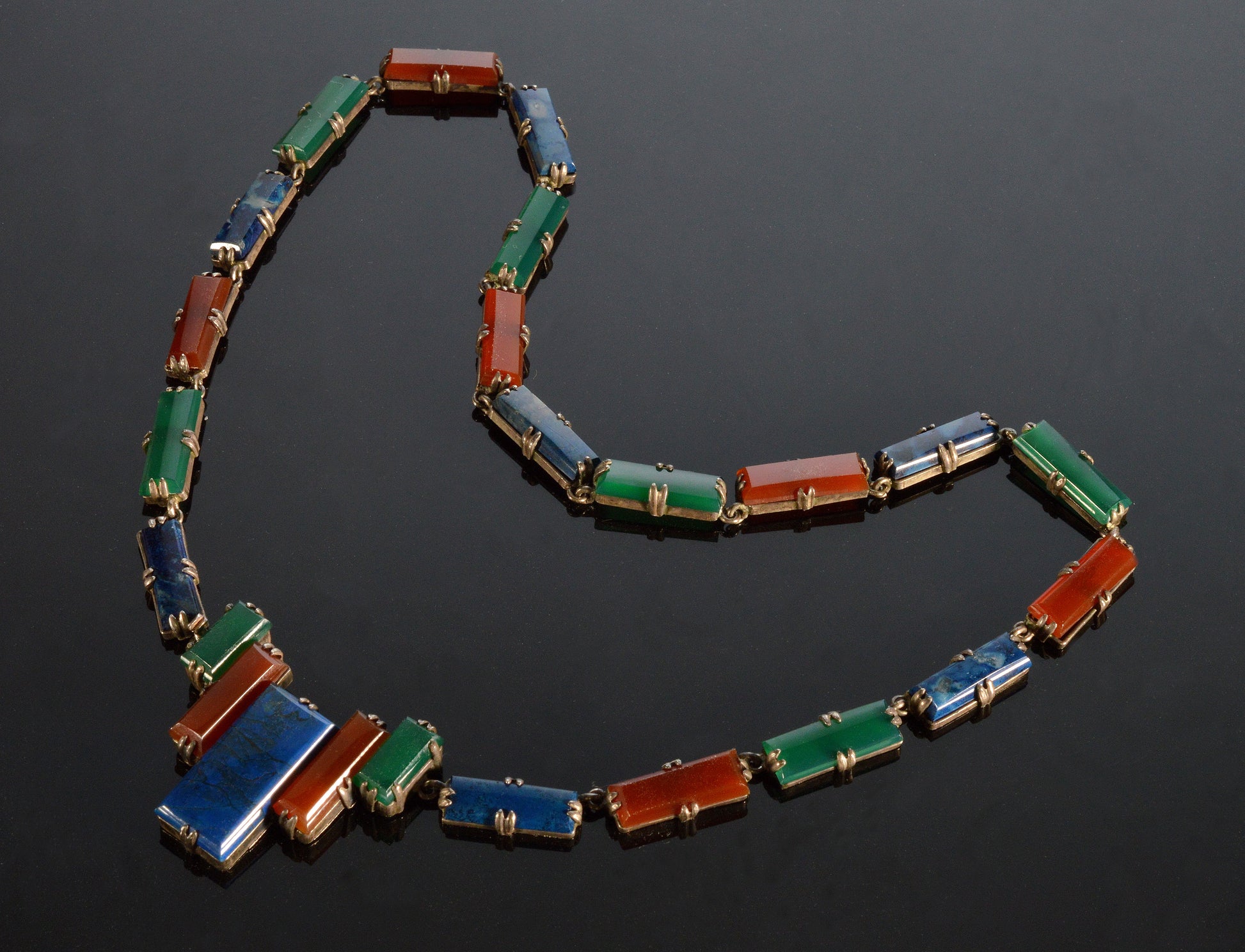 Antique Art Deco Germany Chrysoprase Carnelian Sodalite Sterling Necklace C.1920