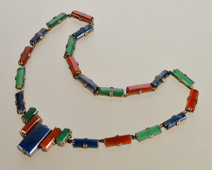 Antique Art Deco Germany Chrysoprase Carnelian Sodalite Sterling Necklace C.1920