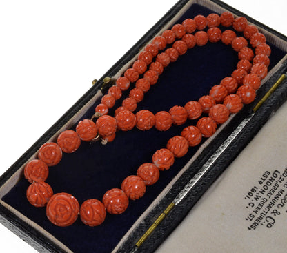 Antique Art Deco Carved Red Momo Coral Bead Necklace C.1920