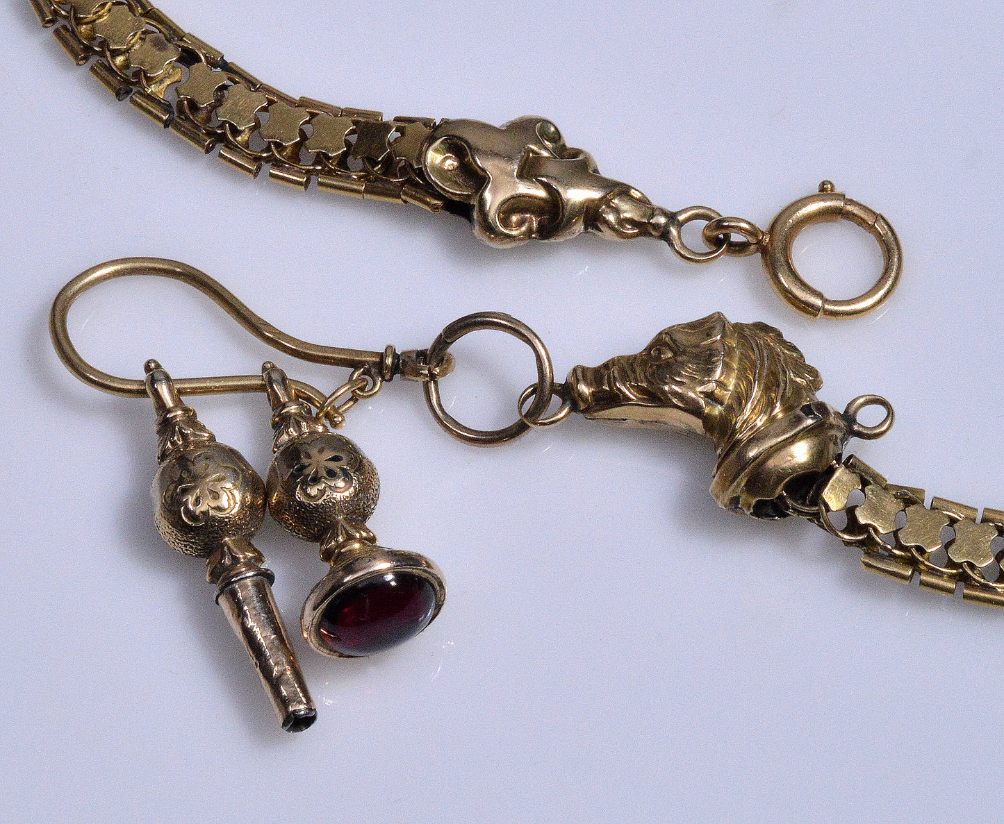 Antique Georgian 14K Gold Boar Head Fobs Snake Watch Chain Necklace C.1820