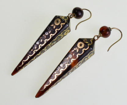 Antique Victorian Pique Inlaid Gold & Silver Drop Earrings C.1860 003604