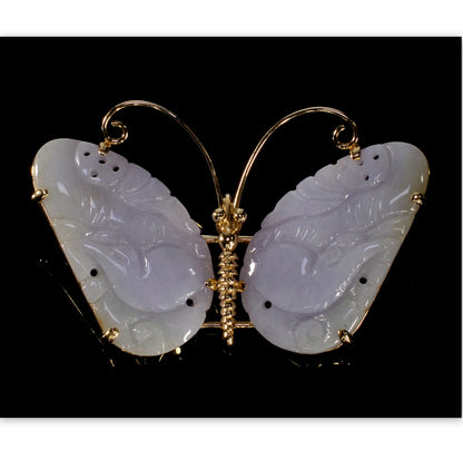 Gump's Lavender Jade 14K Gold Butterfly Brooch Pendant C.1970