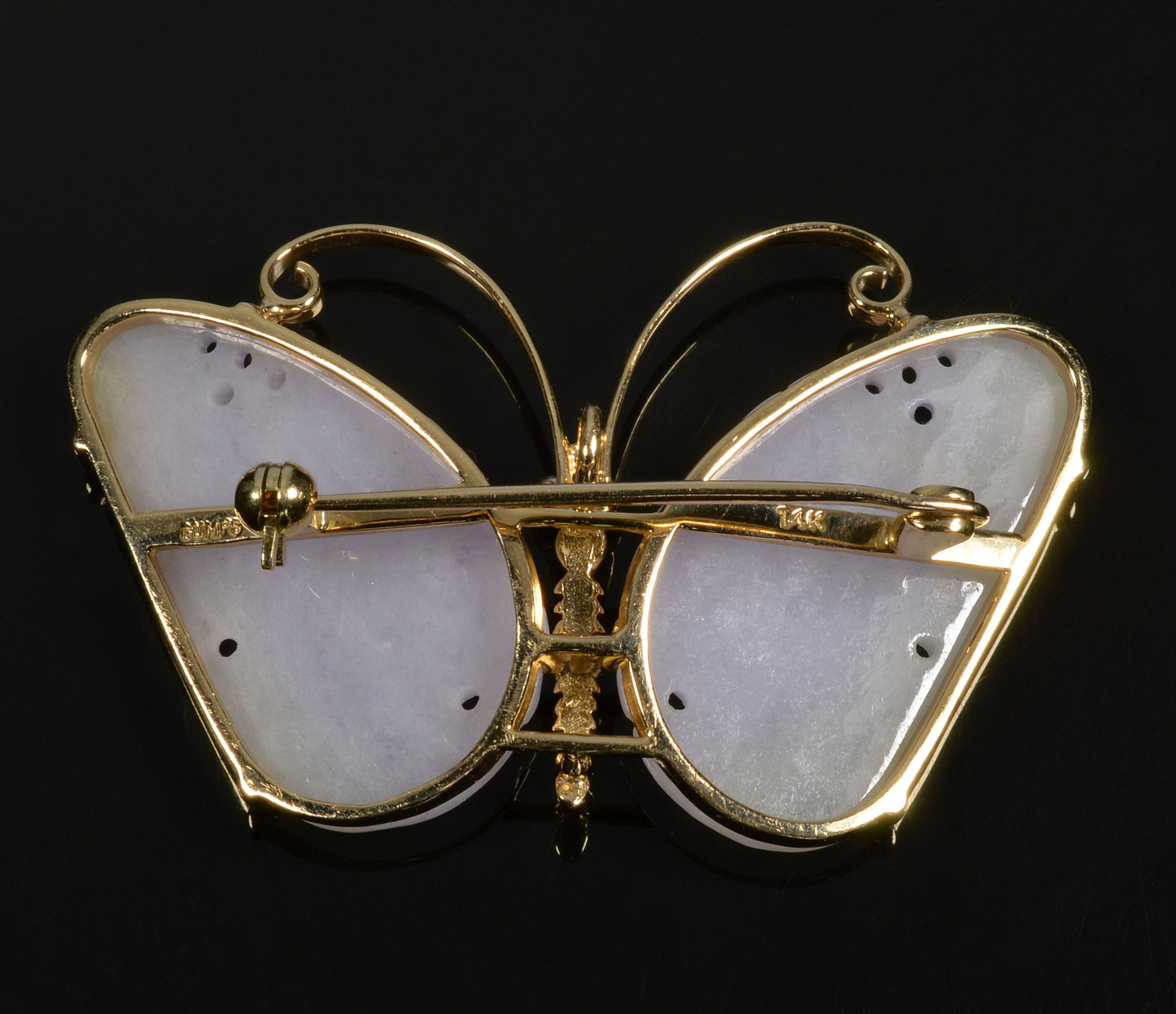 Gump's Lavender Jade 14K Gold Butterfly Brooch Pendant C.1970