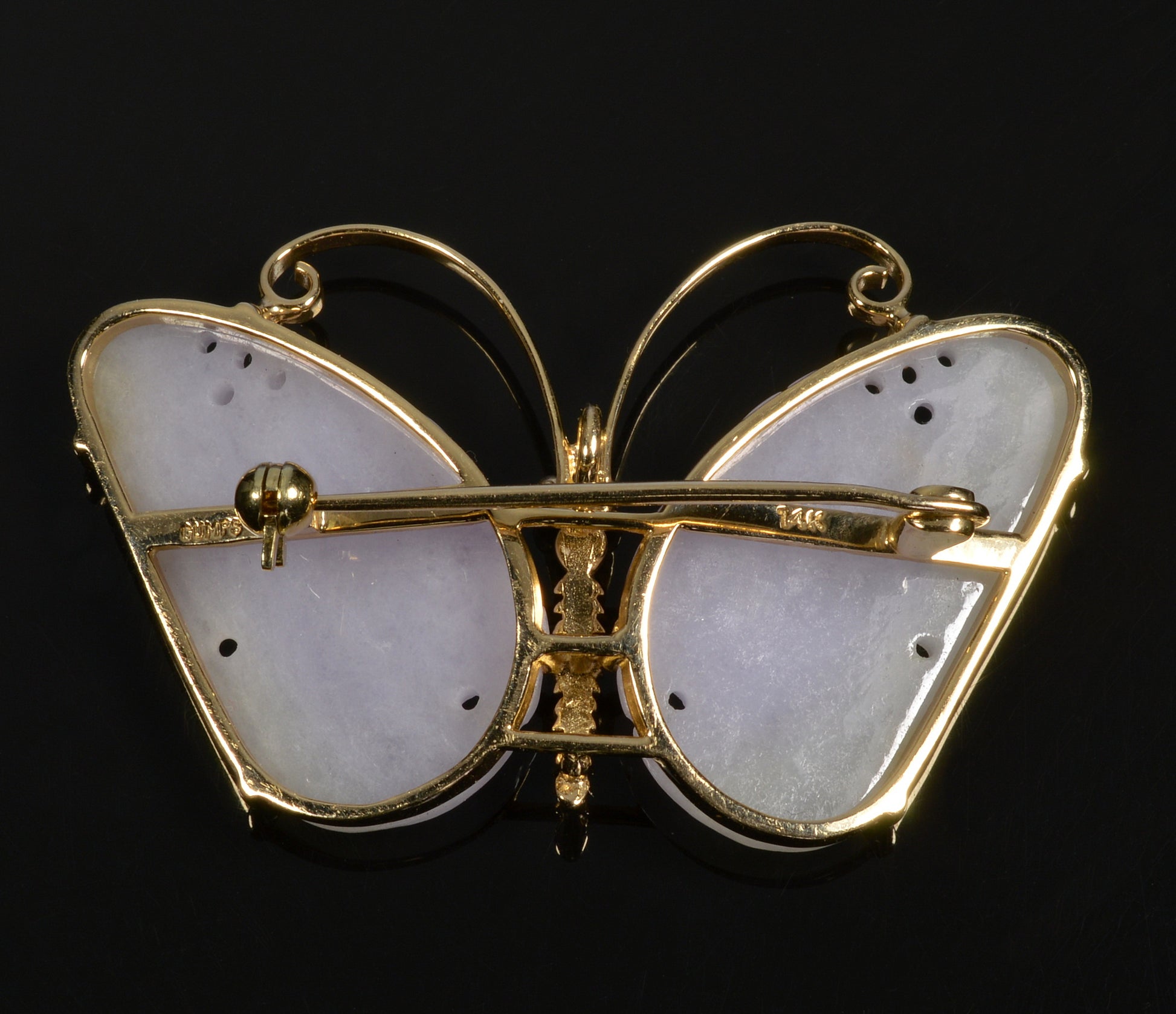Gump's Lavender Jade 14K Gold Butterfly Brooch Pendant C.1970