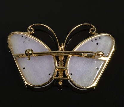 Gump's Lavender Jade 14K Gold Butterfly Brooch Pendant C.1970