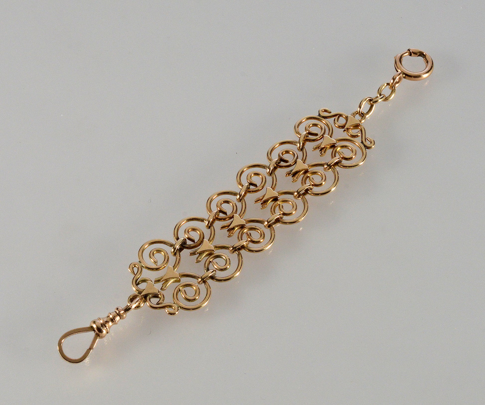 Antique Edwardian 10K Gold Filigree Fob Chain Dog Clip Bolt Clasps C.1910