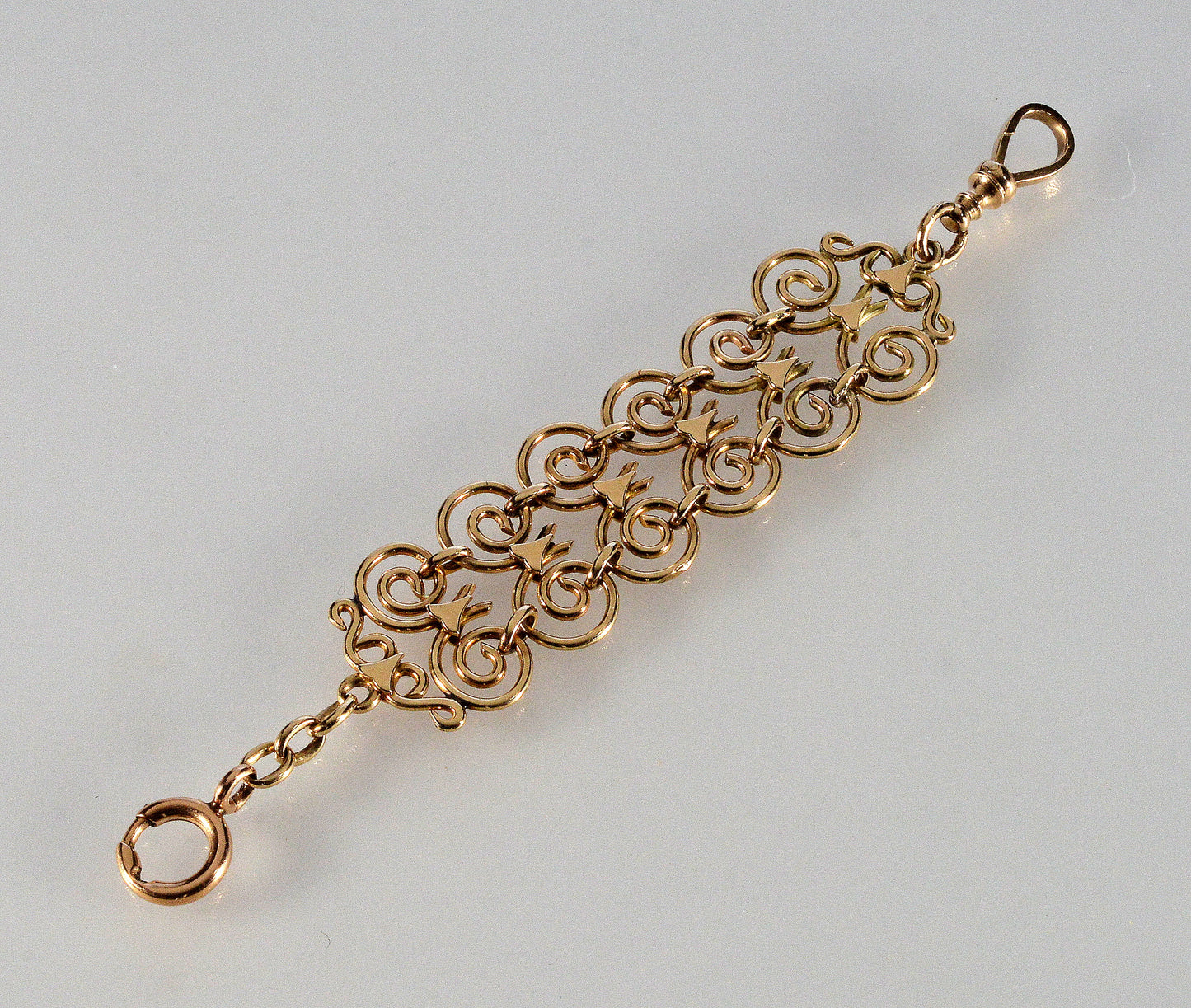 Antique Edwardian 10K Gold Filigree Fob Chain Dog Clip Bolt Clasps C.1910