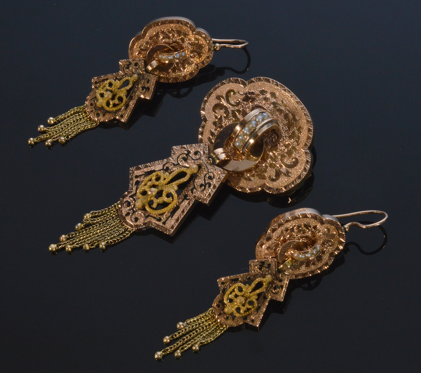 Antique Victorian 10K Gold Fox Tail Tassel Enamel Earrings Pendant Set Original Box C.1860