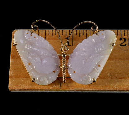Gump's Lavender Jade 14K Gold Butterfly Brooch Pendant C.1970