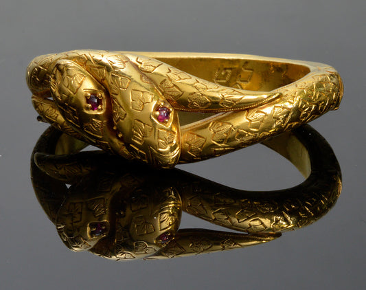 Antique Victorian 18K Gold Double Snakes Bracelet Ruby Eyes C.1860 Size 5 1/2