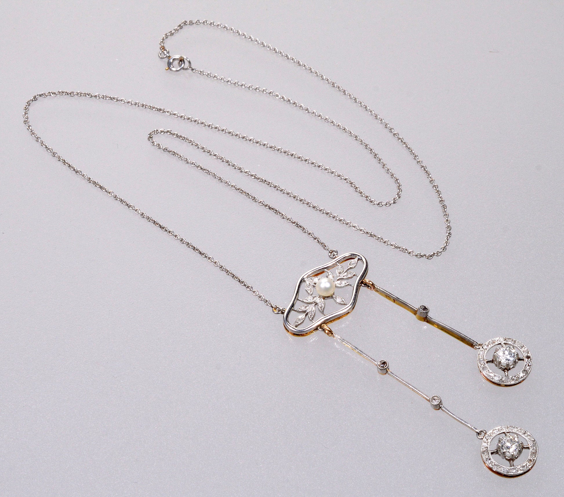 Antique French Belle Époque Negligee Necklace Platinum 14K Gold Old Mine Cut Diamonds C.1900