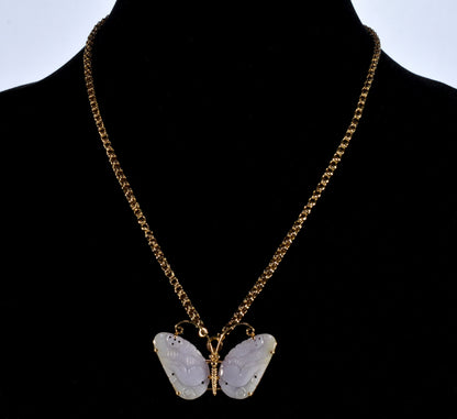 Gump's Lavender Jade 14K Gold Butterfly Brooch Pendant C.1970