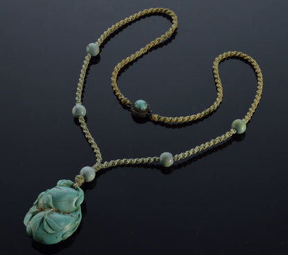 Antique Chinese Carved Turquoise Pendant Necklace C.1890