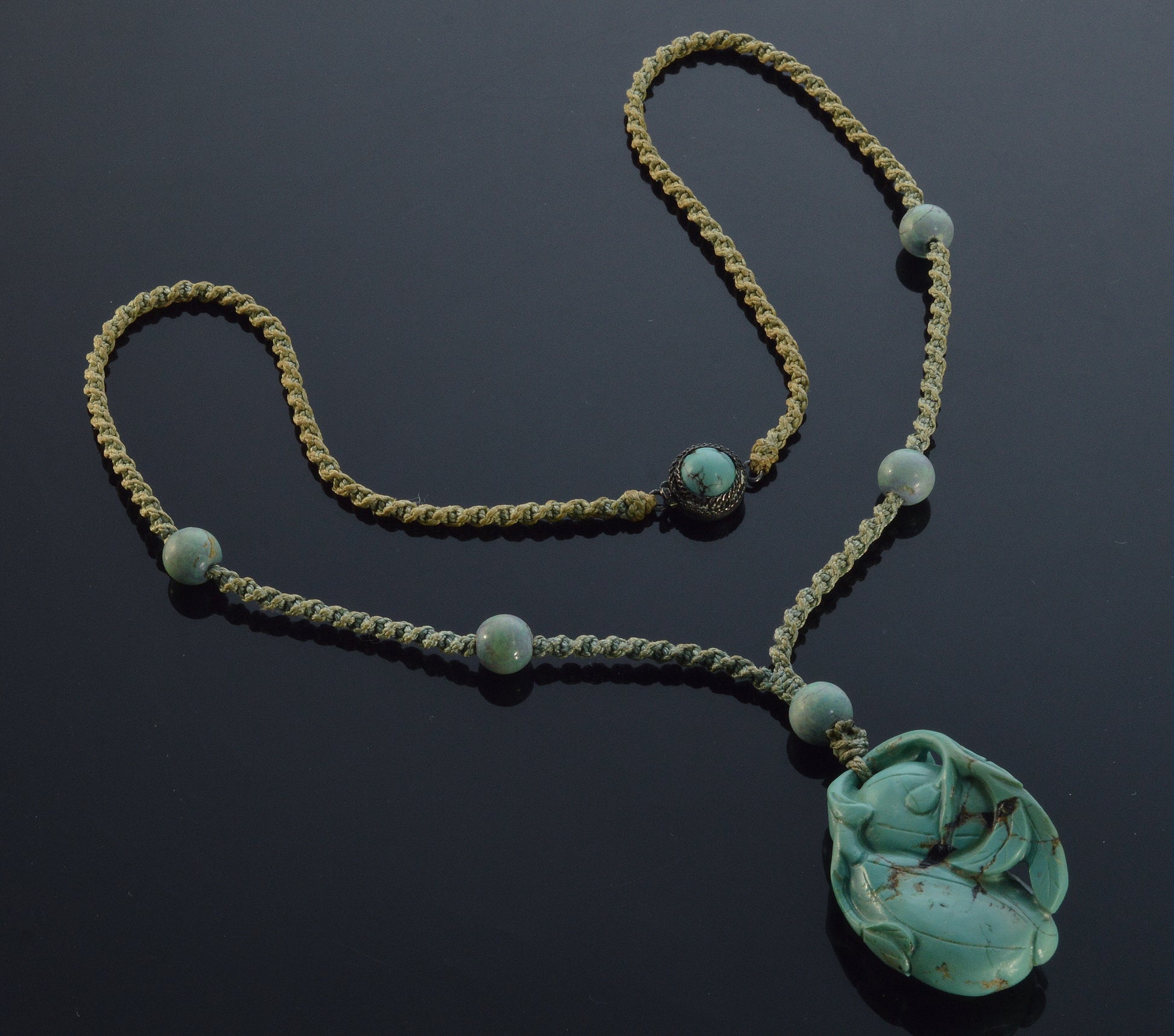 Antique Chinese Carved Turquoise Pendant Necklace C.1890