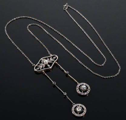 Antique French Belle Époque Negligee Necklace Platinum 14K Gold Old Mine Cut Diamonds C.1900