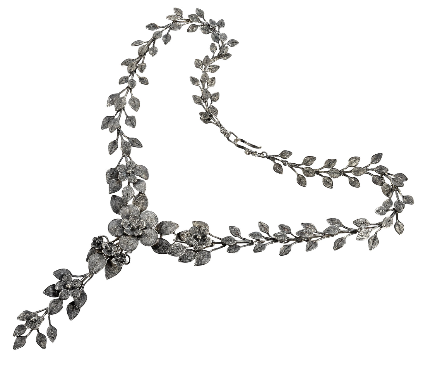 Antique Arts And Crafts Sterling Lavalier Necklace Cannetille Filigree Floral Garland C.1890